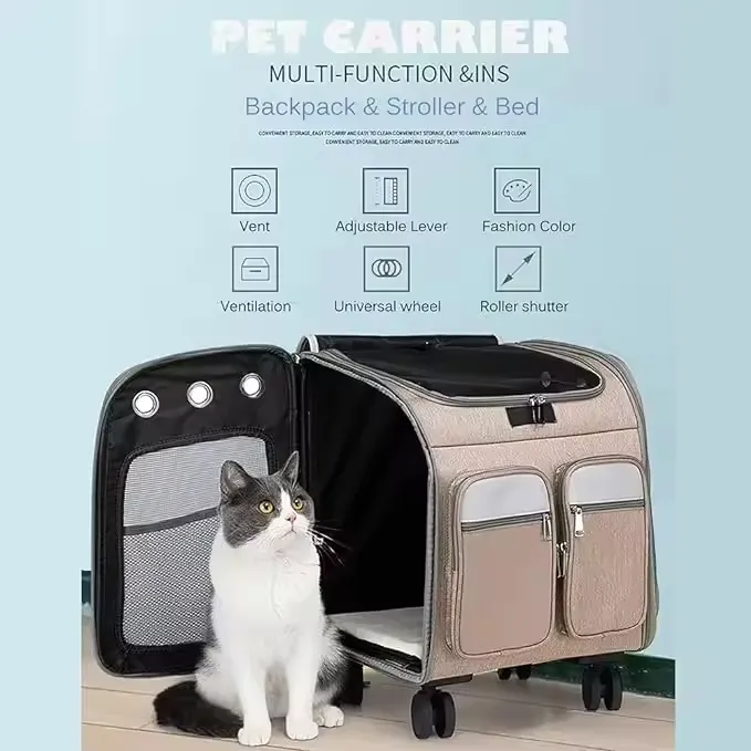 Airline Approved Telescopic Zipper Mesh Breathable Walking Handle Cat Dog Pet Carrier with Wheels Pet Suitcase