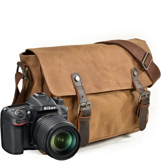 Men Photography Casual Shoulder Bag Oil Wax Canvas Genuine Leather Bag DSLR Camera Bag