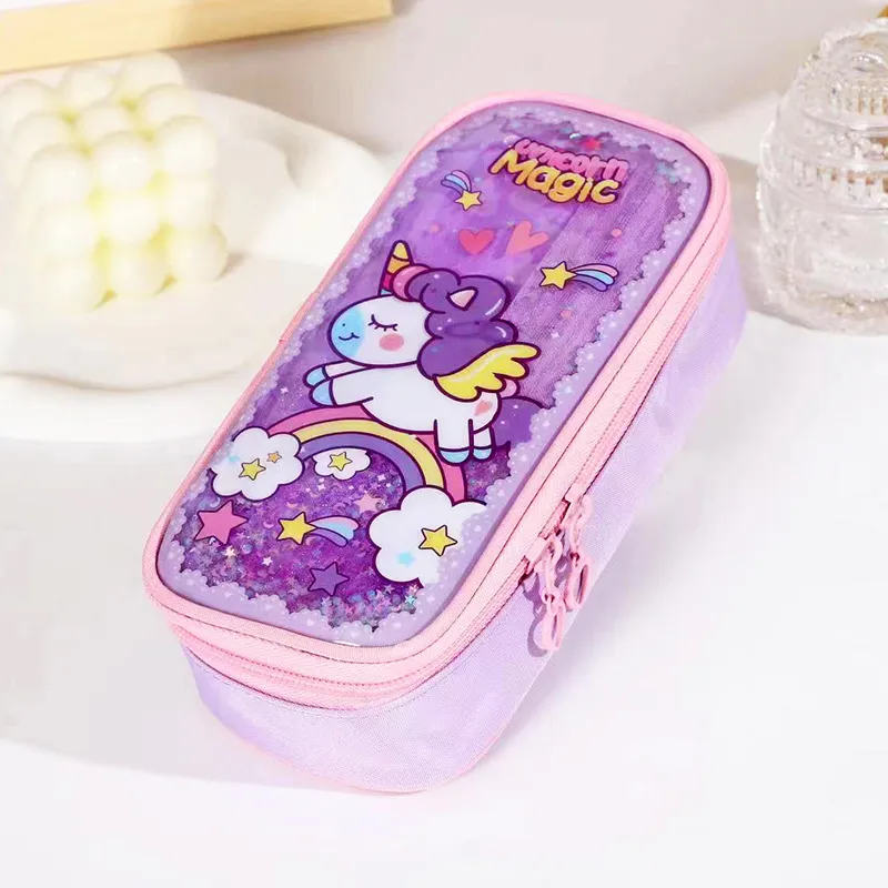 Flowing Sand Pencil Bag Unicorn Flamingo Students Pencil Bag Large Capacity Pen Box Cute Cartoon Pencil Pouch