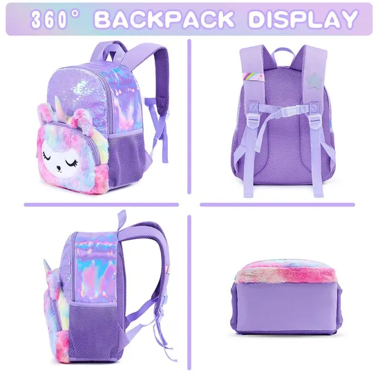 Kindergarten Children′s Plush 3D Unicorn Anti-Lost Small Backpack Girls Sequin School Backpack