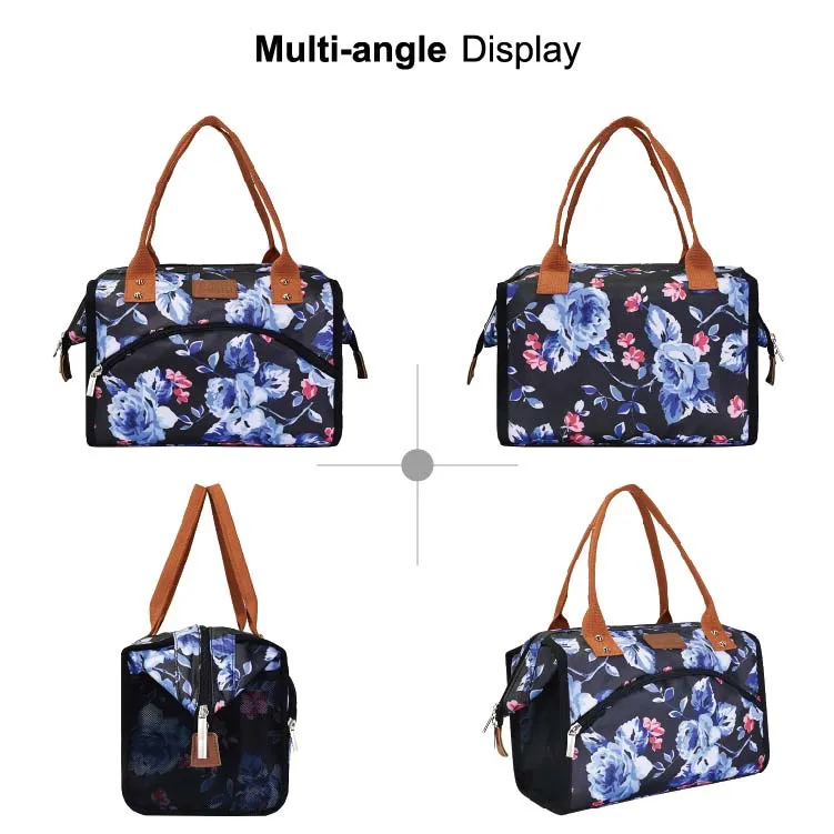 Factory Hot Sale Thermal Food Picnic BBQ Hiking Cooler Bag Women Insulated Nylon Flowers Pattern Lunch Tote Bag for Kids