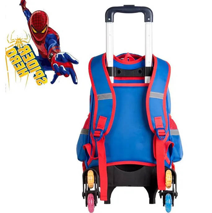 Cartoon Detachable Children Trolley School Bag with Three Wheel Spiderman Trolley Backpack