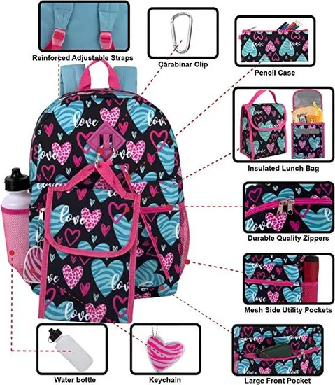 Lightweight Durable Leak-Resistant Bassic Girls′ Backpack with Lunch Bag Key Chain Pencil Case and Accessories
