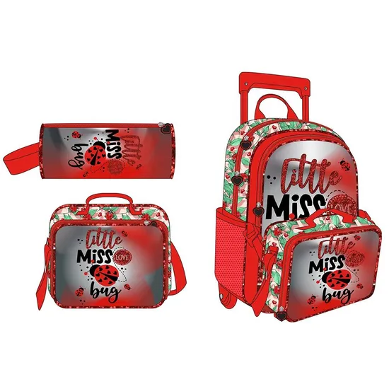 3 in 1 Colorful Trolley Bag Set with Lunch Box Pencil Case Trolley School Backpack for Girls