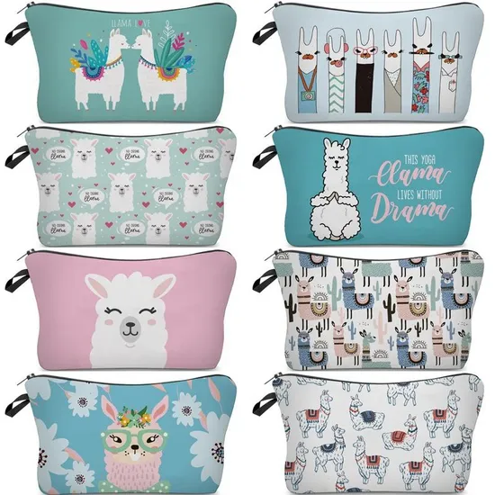 Customized Cartoon Cute Alpaca School Pencil Pouch Cosmetic Make up Travel Bag