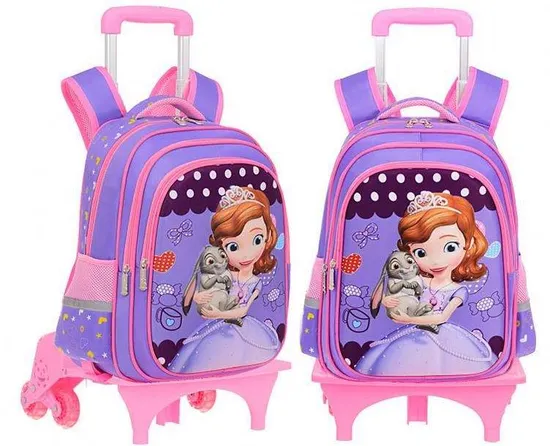 Cartoon Detachable Children Girl Trolley School Backpack Bag with Three Wheel