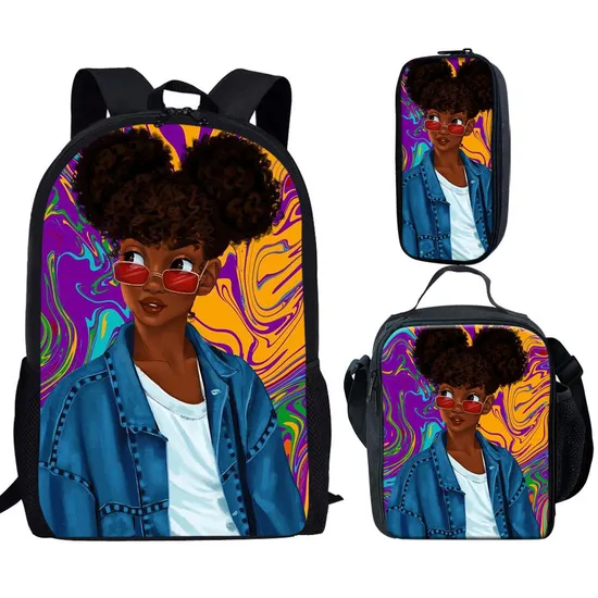 3PCS Black Art African American Girls Printing School Bags Set for Teenage Girls Bookbag Children Kids Schoolbags