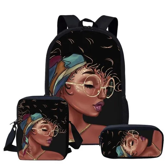 Back to School Backpack Kids Bag African American Black Art Girls Schoolbag Mochila 3PCS Set School Bags for Girls