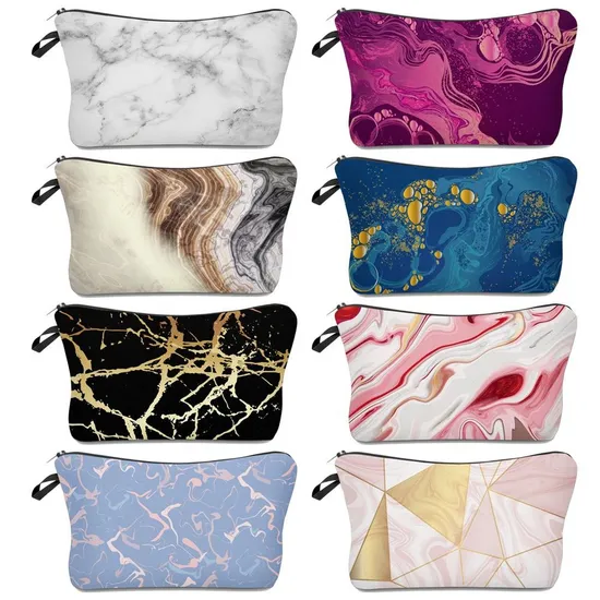 Fashion Custom Marble Zipper Cosmetic Pouch Large Capacity Leather Pencil Bag