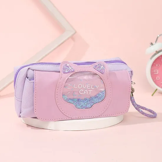 Kids Stationery Bag Cute Kawaii Cat Canvas PU Leather Pencil Case for Girls