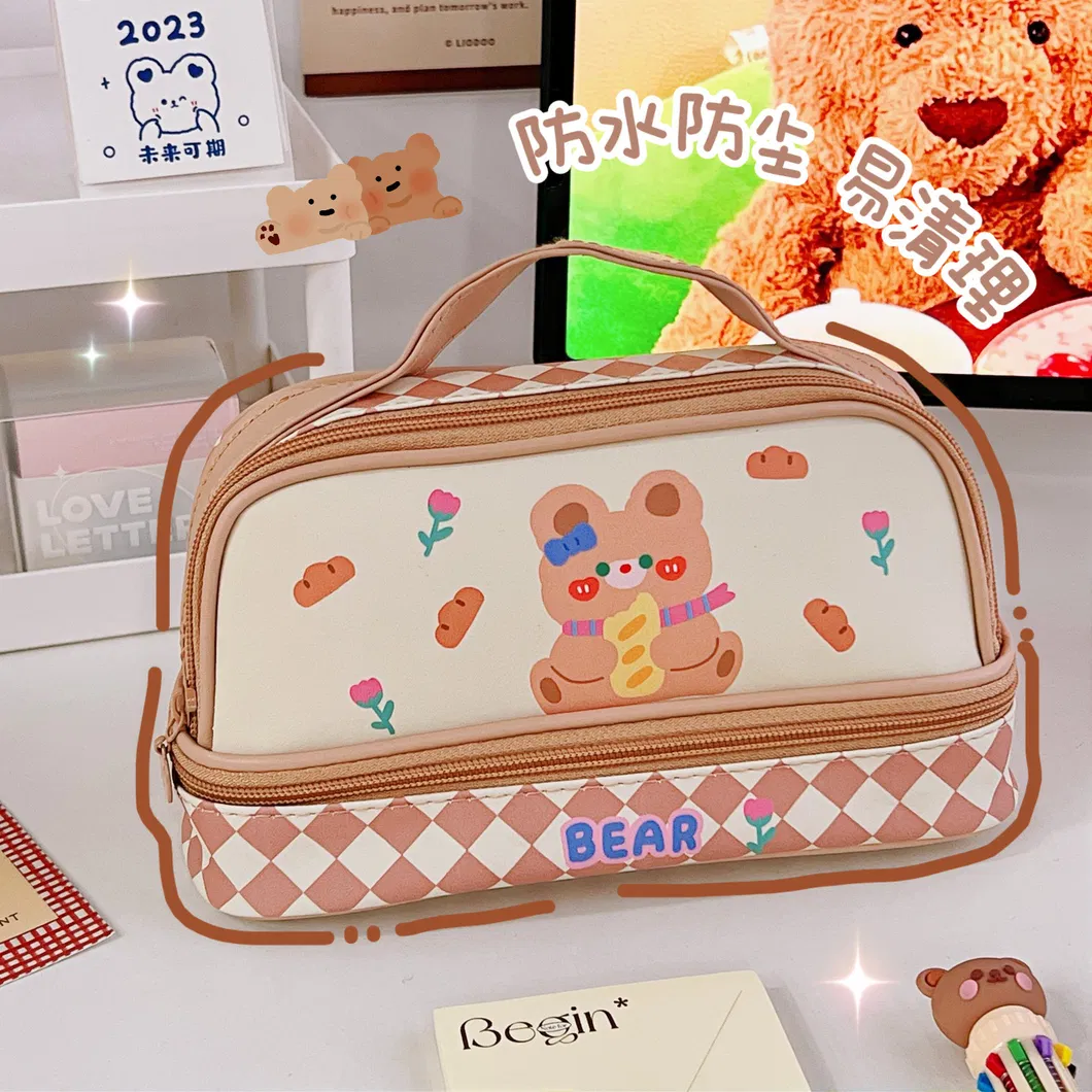 Kawaii Cartoon Stationery Bag Double Layer Large Capacity Leather Pencil Case