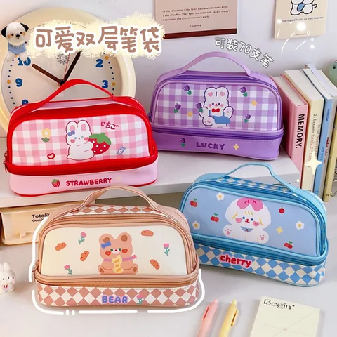 Kawaii Cartoon Stationery Bag Double Layer Large Capacity Leather Pencil Case