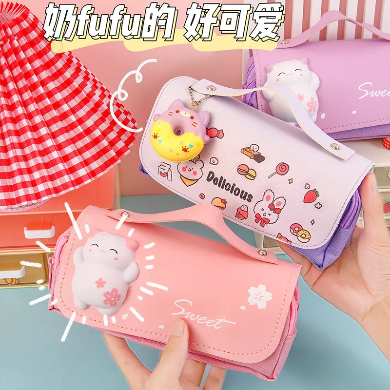 School Large Size Cartoon Donut Cat Design Cute Kawaii Pencil Case for Kids