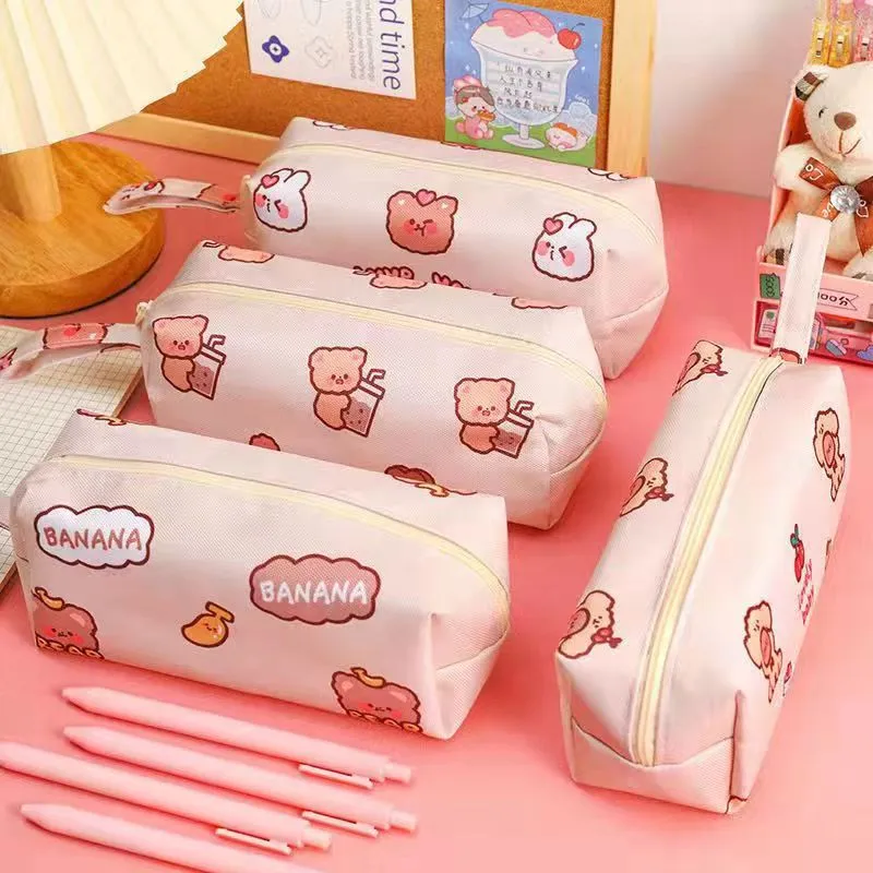 School Large Capacity Cute Cartoon Bear Zipper Pencil Case Canvas for Children