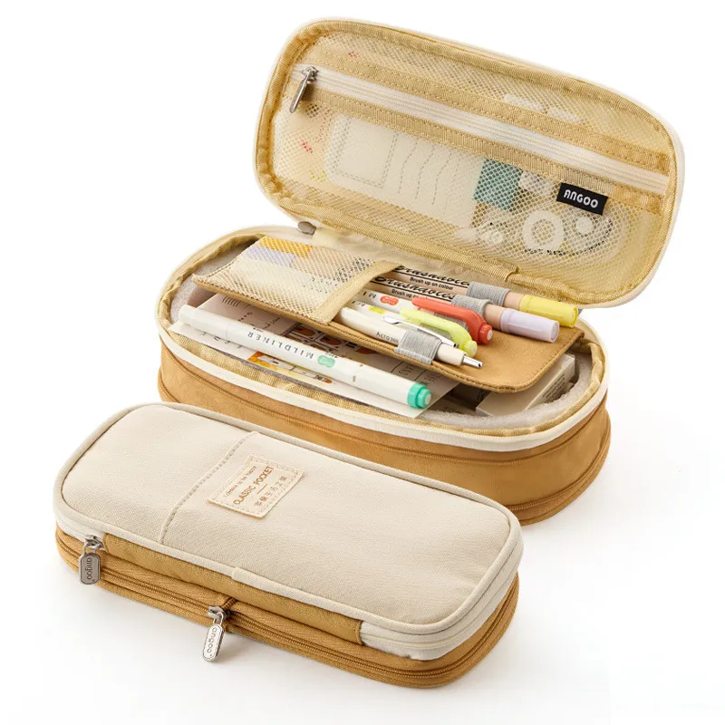 New Arrival Foldable Big Capacity Canvas Zipper Pencil Pouch Case Bag Stationery Organizers Compartments Cosmetic Makeup Bags
