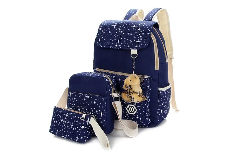 3PCS Casual Star Print Canvas Top Name Brand Kids School Bag Set
