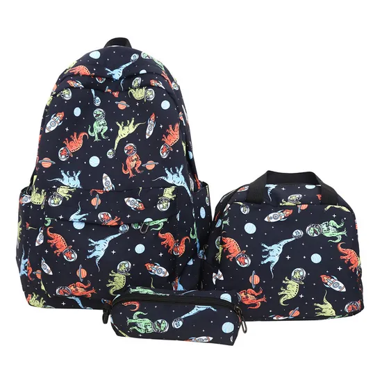 Cartoon Dinosaur Backpack with Graffiti Print Three Piece Set Large Capacity Student Backpack