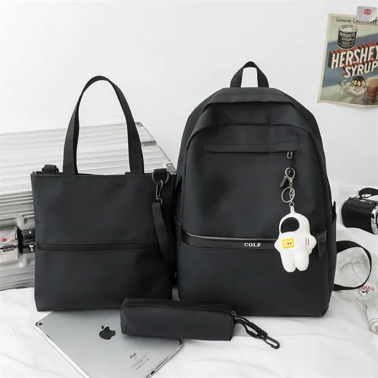 Trendy Fashionable Leather Film Large Capacity Middle School Student Three Piece Set Backpack