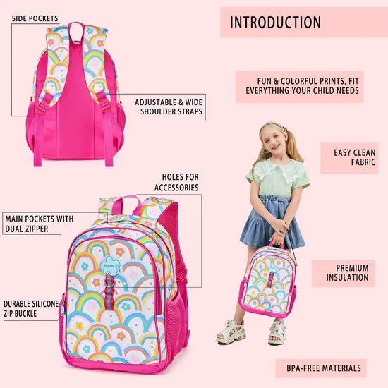 Factory Customized Rainbow Children′s Backpack Elementary School Girl 3 Piece Set Backpack