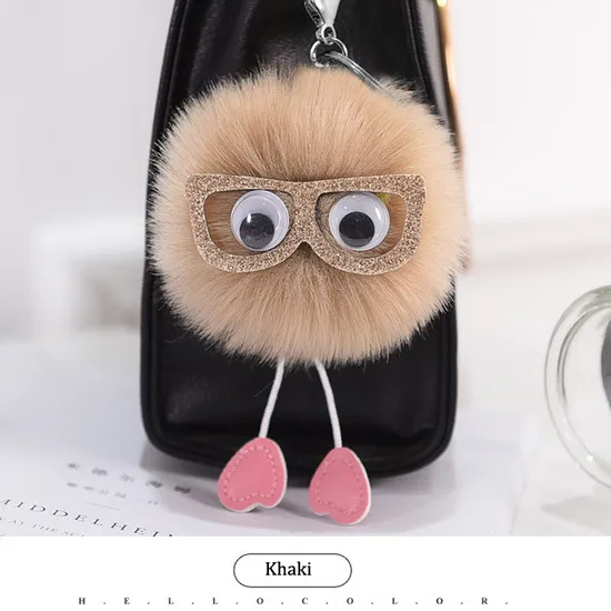 High Quality Owl POM POM Keychain Glasses Owl Keychain Fur Ball Bling Plush Key Chains