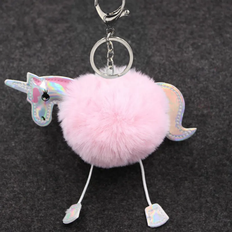 Cartoon Unicorn PU Leather Pompom Key Accessories Ladies&prime; Fur Ball Key Ring Unicorns Handbag Hang