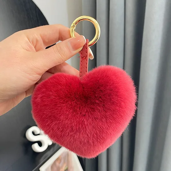 Factory Wholesale All Kinds of Color Real Rex Rabbit Fur Heart Pendant Keychain