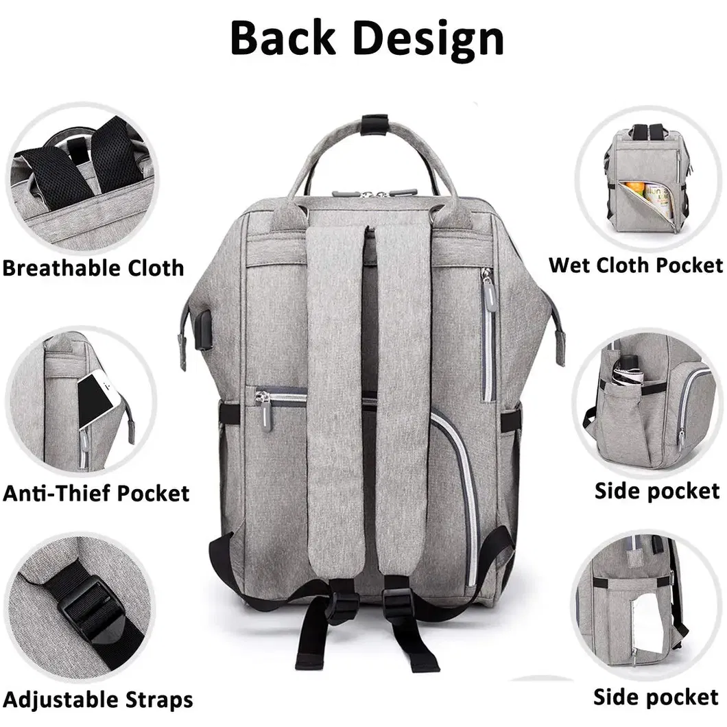 Factory Custom Diaper Bag Backpack Versatile Travel Backpack with USB Charging Port Insulated Pocket