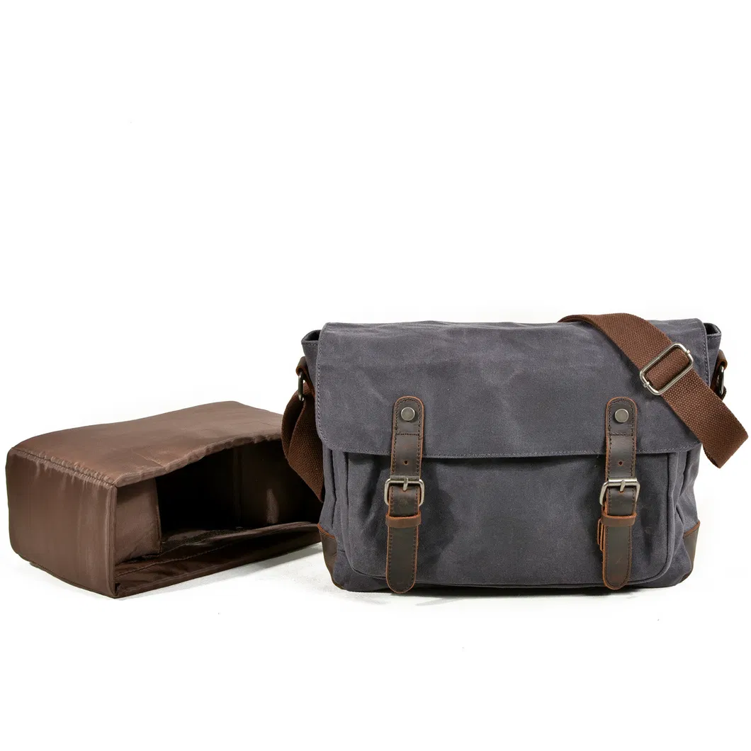 Men Photography Casual Shoulder Bag Oil Wax Canvas Genuine Leather Bag DSLR Camera Bag