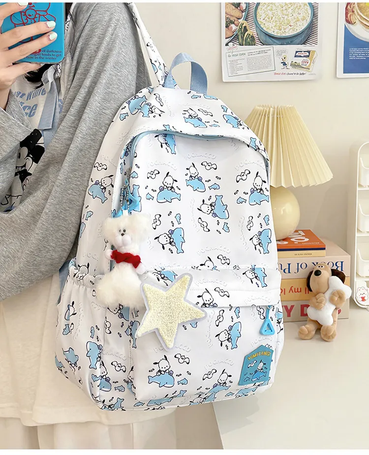New Junior High School Nylon Backpack Cute Cartoon Hanger Print Large Capacity Boys and Girls School Backpack