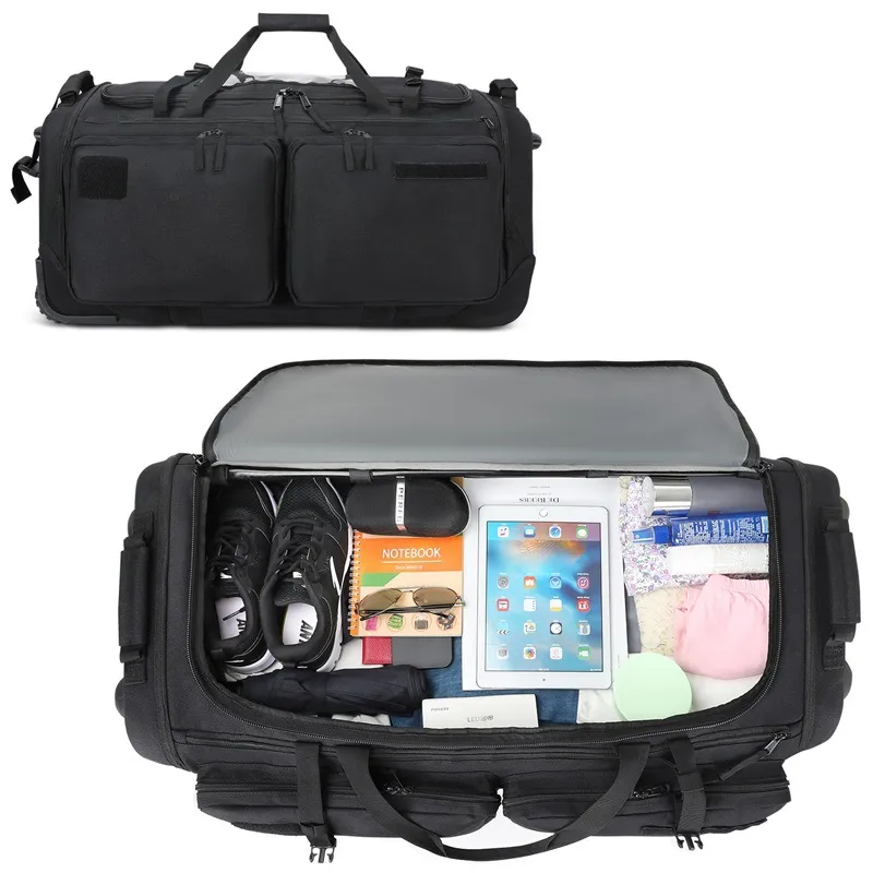 Multi-Pocket Trolley Bag Travel Bag with Wheels Trolley Wheeled Duffel Suitcase Luggage Rolling Duffle Bag