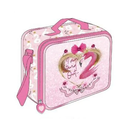 Large Capacity 19′′ 300d Polyester Flamingo Pattern School Wheel Trolley Bag with Pencil Case Lunch Bag 4 Wheel Trolley Backpack