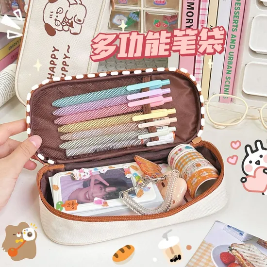 Cartoon Kawaii Bear School Stationery Bag Big Canvas Cute Pencil Case for Kids