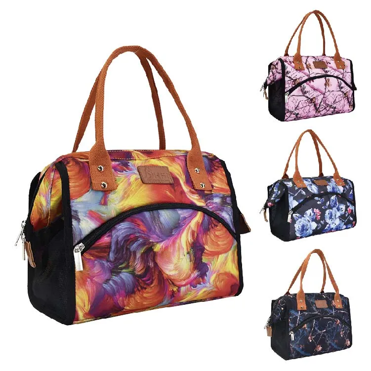 Factory Hot Sale Thermal Food Picnic BBQ Hiking Cooler Bag Women Insulated Nylon Flowers Pattern Lunch Tote Bag for Kids
