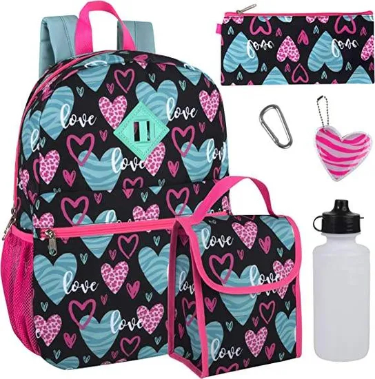 Lightweight Durable Leak-Resistant Bassic Girls′ Backpack with Lunch Bag Key Chain Pencil Case and Accessories