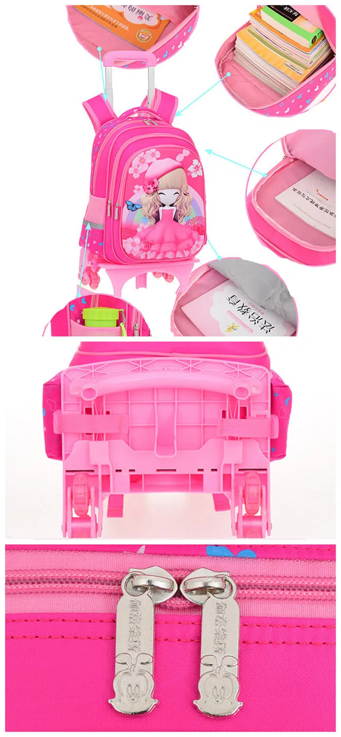 Cartoon Detachable Children Girl Trolley School Backpack Bag with Three Wheel