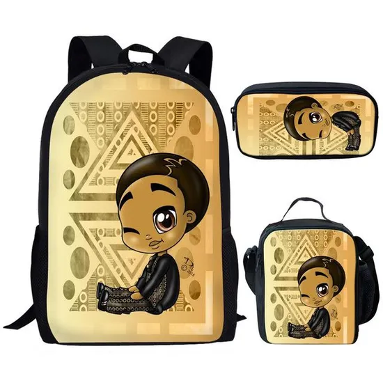 Black African Boy Designs 3PCS Backpag American Art Children Mochilas Schoolbag and Lunch Bag Set for Kids Backpack School Bags
