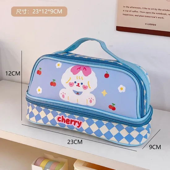 Kawaii Cartoon Stationery Bag Double Layer Large Capacity Leather Pencil Case