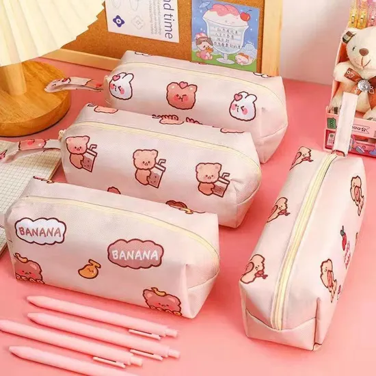 School Large Capacity Cute Cartoon Bear Zipper Pencil Case Canvas for Children