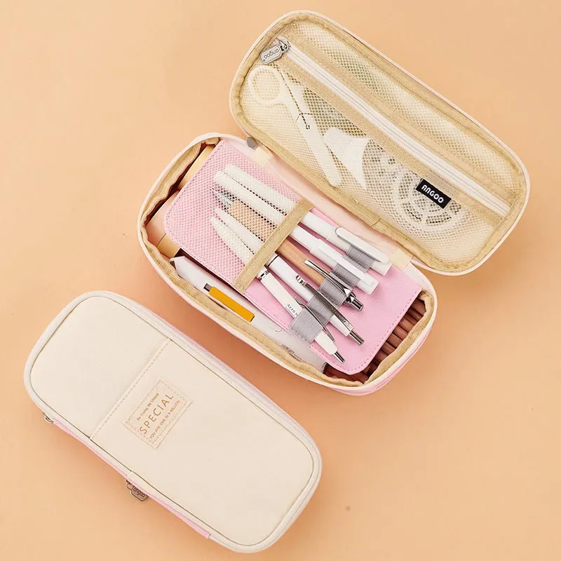 New Arrival Foldable Big Capacity Canvas Zipper Pencil Pouch Case Bag Stationery Organizers Compartments Cosmetic Makeup Bags