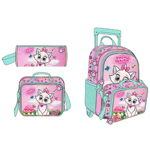 Wholesale Cartoon Cat Design Trolley School Bags with 3 Pieces Set 17 Inch School Trolley Backpack