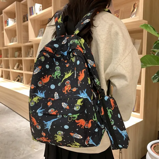 Cartoon Dinosaur Backpack with Graffiti Print Three Piece Set Large Capacity Student Backpack