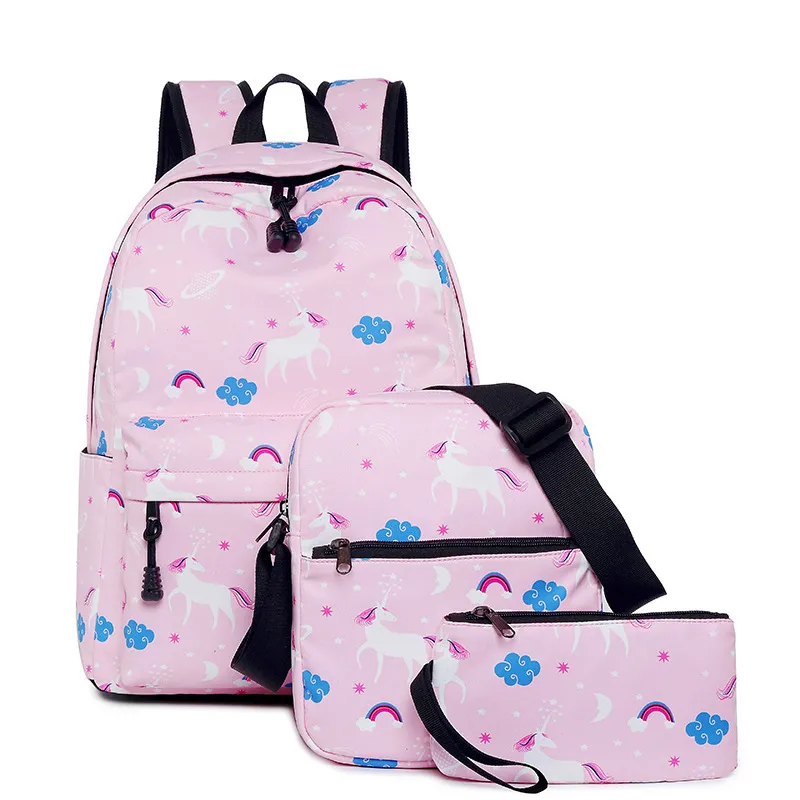 High School Female Unicorn Children&prime;s Backpack Customized Crossbody Bag Pen Bag Three Piece Set