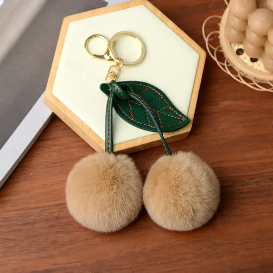 New Style Fashion Bag Charms Keychain Wholesale Cheap Keyrings Cherry Shaped Faux Fur POM POM Keychains