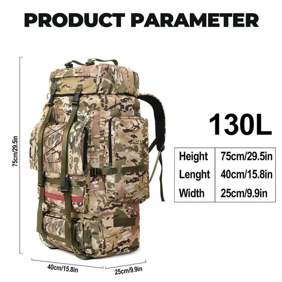 Factory Custom Unisex Mountain Camping Backpack 130L Waterproof Hiking Camping Travel Tactical Backpack