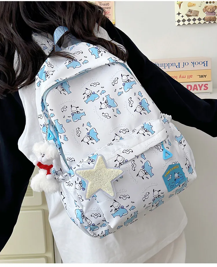 New Junior High School Nylon Backpack Cute Cartoon Hanger Print Large Capacity Boys and Girls School Backpack