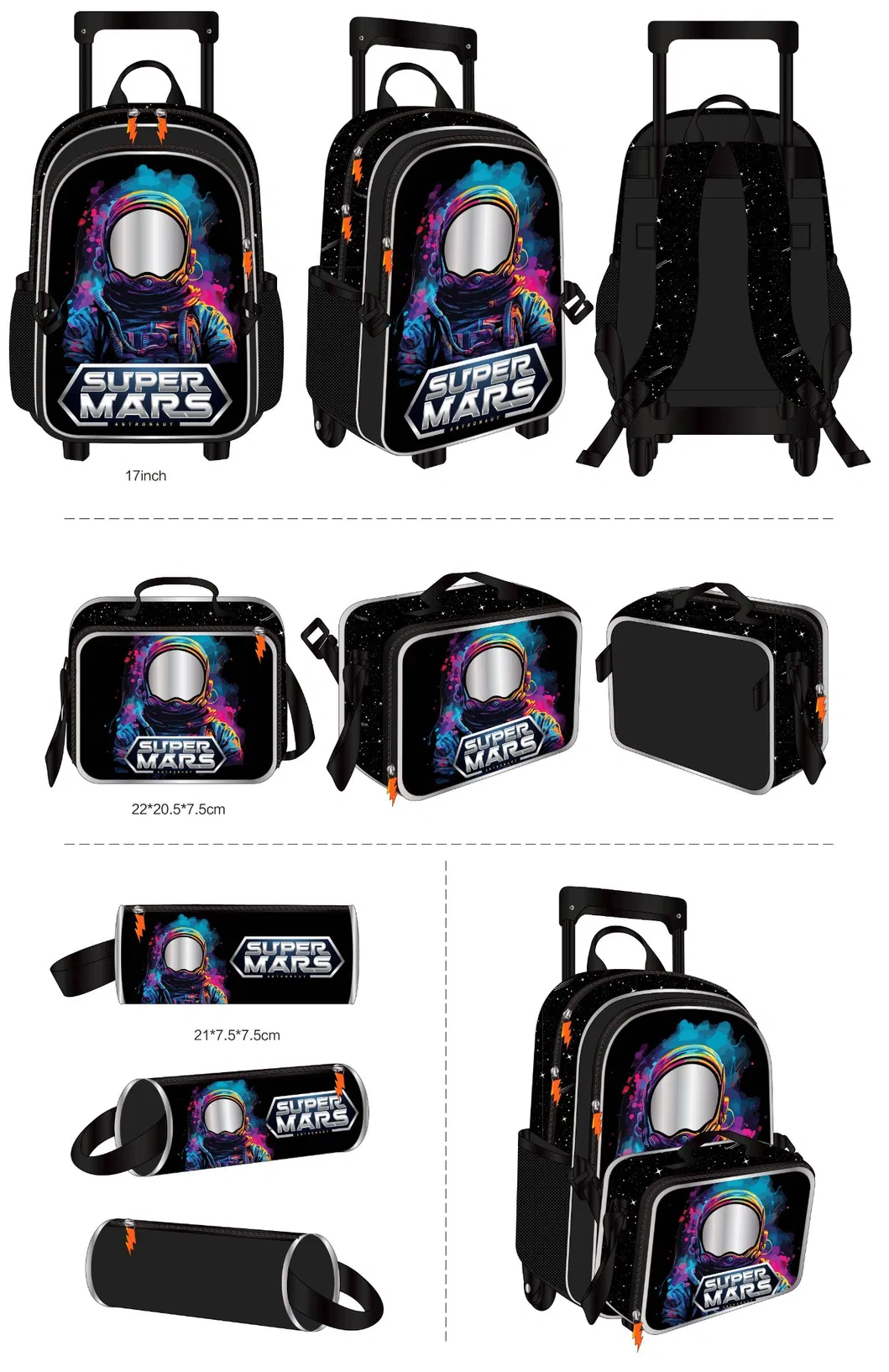 3 Piece Set School Backpack 600d PVC Boy&prime;s Astronaut Cartoon Trolley School Bag Set