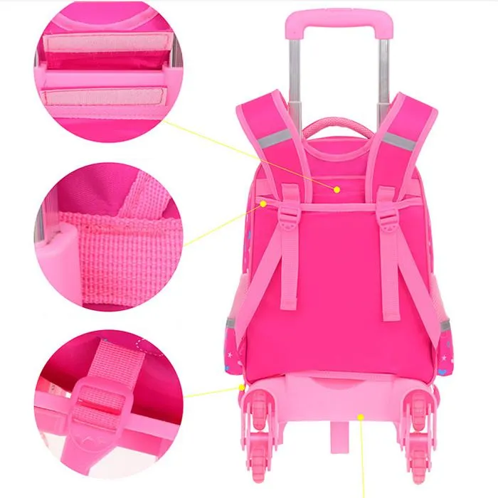 Cartoon Detachable Children Girl Trolley School Backpack Bag with Three Wheel