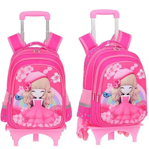 Cartoon Detachable Children Girl Trolley School Backpack Bag with Three Wheel