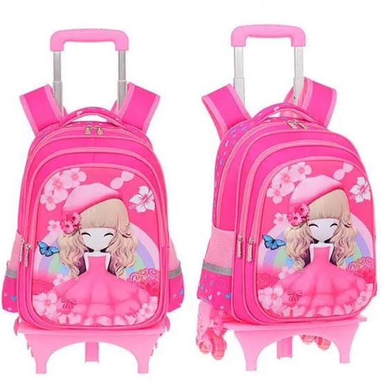 Cartoon Detachable Children Girl Trolley School Backpack Bag with Three Wheel