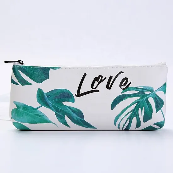 Fashion Office Stationery Bag Custom Leaves Pattern PU Leather Pencil Case